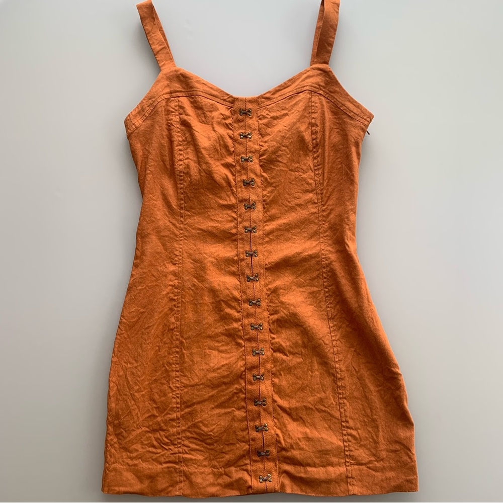 Leith Hook & Eye Corset Linen-Blend Mini Dress in Rust | Small